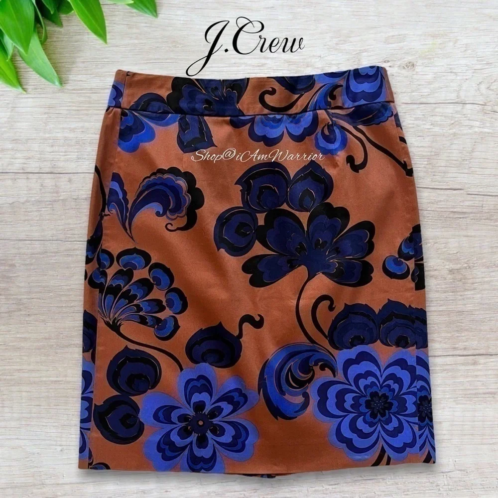 J.Crew brown & sapphire blue floral stretch cotton pencil skirt *shop@iamwarrior